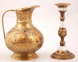 Dekoratív réz kiöntő, m: 13 cm + gyöngyház berakásos, díszes gyertyatartó, m: 13 cm