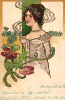 Art Nouveau, floral litho postcard