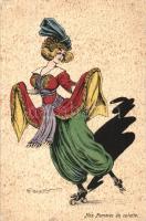 Nos femmes en culotte / turn of the century fashion, rollerskating lady, French art postcard s: G. Mouton (fl)