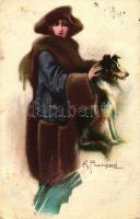 Italian art postcard, lady with dog s: R. Franzoni (EB)