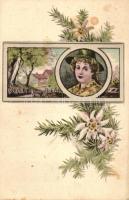 Lady, floral greeting card