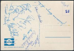 1964 a tokiói olimpia résztvevőinek aláírásai KLM-es fotólap hátulján (Sütő József, Tressel Mária, stb.)