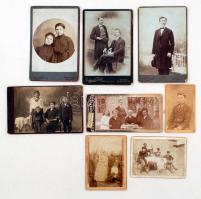 cca 1880-1910 8 db különféle keményhátú fotó: portrék, csoportképek, stb., többféle műteremből (Budapest, Baja, Bécs, Szombathely), egy részük hátulján feliratozva, különböző méretben