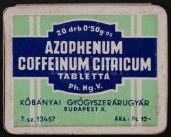 Azophenum Coffeinum Citricum tabletta, Kőbányai Gyógyszerárugyár, fémdoboz, 5x7x0,5cm