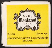 Egyesült Gyógyszer és Tápszergyár R.t. Budapest, Mentanol tabletta, fémdoboz, 6x6x1cm