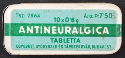 Antineuralgica tabletta, Egyesült Gyógyszer és Tápszergyár  Budapest, fémdoboz, 6x2,5x0,5cm/Antineuralgica  Metal medicine box, 6x2,5x0,5cm