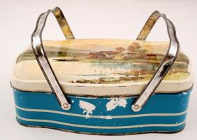 Olasz lisztes fémdoboz,füllel, illusztrált,  28x18x8cm