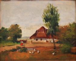 Bakonyi jelzéssel: Libapásztorlány. Olaj, karton, kertben, 20×25 cm