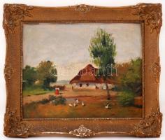 Bakonyi jelzéssel: Libapásztorlány. Olaj, karton, kertben, 20×25 cm