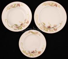 Zsolnay tavasz mintás tányér készlet (süteményes, lapos, mély), kézzel festett, jelzett, hibátlan, d:20,3 cm, d:25 cm, d:23 cm