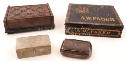 4 db dekoratív régi doboz: A. W. Faber, fa ill. fém, különböző méretben