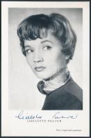 Liselotte Pulver (1929-) színésznő saját kezű aláírása egy őt ábrázoló fotón, 14x9cm/ Signature of Liselotte Pulver (1929-) Swiss actress
