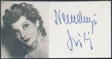 Neményi Lili (1902-1988) opera-énekesnő (szoprán), színésznő, érdemes művész (1959), kiváló művész saját kezű aláírása egy őt ábrázoló fotón, 9x4cm