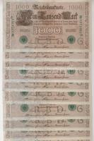 Német Birodalom 1910. 1000M zöld "Siegel" variáns (10x) 9db egymásutáni + 1db egyugrású sorszámmal T:I