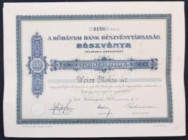 Kőbánya 1912. A Kőbányai Bank Részvénytársaság részvénye 100K-ról, szelvényekkel, szárazpecséttel T:I-,II kis szakadás