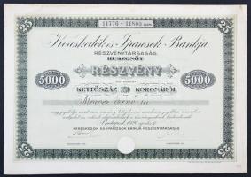 Budapest 1920. "Kereskedők és Iparosok Bankja Részvénytársaság" részvénye 200K-ról, szelvényekkel és szárazpecséttel T:II-