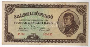 1946. 100.000.000P festékfoltokkal, pöttyökkel, hátoldalon halvány részleges gépszínátnyomattal T:II