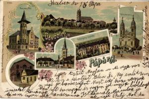 1900 (!) Pápa, Fenyvessy villa, Izraelita templom, Evangélikus templom, Eszterházy kastély, Katolikus templom, floral, Art Nouveau, litho