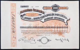 Budapest 1920. "A HANGYA A Magyar Gazdaszövetség Fogyasztási és Értékesítő Szövetkezete" alapítványi üzletrész 1000K-ról, szárazpecséttel, szelvényekkel T:III