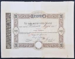 Esztergom 1875. Esztergomi Takarékpénztár részvénye 200Ft-ról ÉRTÉK NÉLKÜLI UTÁNZAT felülbélyegzéssel T:III szakadás