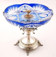 Ezüstözött alpakka aufsatz, több rétegű ólomkristály tállal, apró csorba a tálon, kicsi horpadás a t...