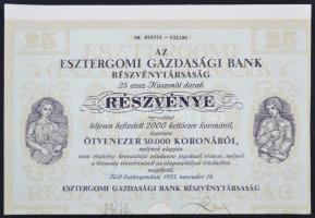Esztergom 1923. "Az Esztergomi Gazdasági Bank Részvénytársaság" 25 részvénye egyenként 2000K-ról szelvényekkel T:hajtatlan, vágott