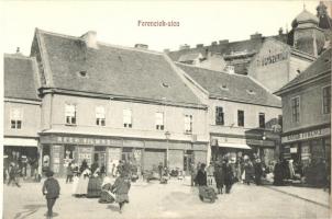 Pécs, Ferenciek utca, Reeh Vilmos, Steiner Antal és Bayer Ferenc kereskedései (képeslap füzetből / from postcard booklet)
