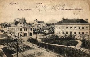 Eperjes, Presov; Jókai-tér, Magyar Királyi Postapalota, Görög Katolikus papnevelő intézet. Divald Károly fia / Jókai square, Post palace, Orthodox theological college; (ázott sarok / wet corner)