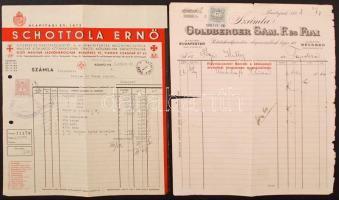 1898, 1938 Tapolca, Budapest, 2 db díszes fejléces számla: Goldberger Sámuel F. és Fiai, Schottola Ernő a Gumigyártás meghonosítója
