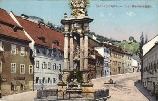 Selmecbánya, Banska Stiavnica; Szentháromság szobor, Király János kereskedése; kiadja Joerges / Trinity statue, shop