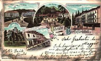 1899 Bártfafürdő, Deák és Széchenyi szálloda, Új fürdőház, Fő forrás, Zborói várrom, Tachy udvar, Eschwig-féle üzlet / hotels, spa, spring, castle, courtyard, shop, Art Nouveau litho (vágott / cut)