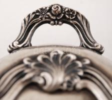 Jelzett angol fedeles tál, ezüstözött réz, gazdagon díszített, 33×26 cm