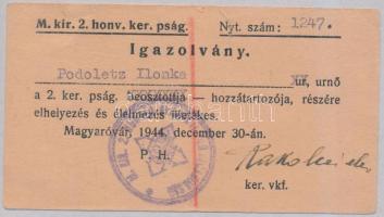1944 Magyaróvár, A M.kir.2.honv.ker.pság. által kiállított igazolvány nyilaskeresztes pecséttel