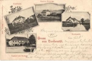 Blizsi Lhota, Vorderstift; Station Oberplan, Forsthaus, Gasthaus zur Moldan; Verlag J. Seidel / railway station, hotel, forestry house, floral