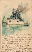 SM Kreuzer III. Cl. Hansa im Suezcanal; Meissner & Buch Marine Postkarten 1. Folge Serie 1015. litho s: Hans Bohrdt (pinhole)