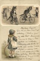 Bicikliző macskák / cycling cats, litho