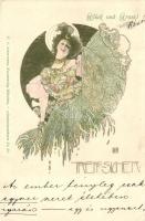 1899 Treff-Sicher; F. A. Ackermann, Kunstverlag München, Künstlerpostkarte No. 29. rare colored Koloman Moser postcard s: KM (cut)