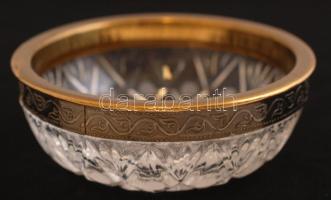 Üveg tálka réz peremmel, d: 12 cm, m: 4 cm