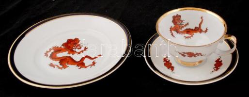 Echt Kobalt GDR sárkányos porcelán teás csésze, csészealjjal, kistányérral, matricásak, kis kopásnyomokkal, jelzettek