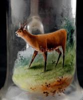 Vadász témájú ón fedeles, festett üvegkorsó, hibátlan, m: 13 cm