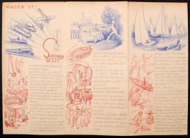 Kónya Zoltán (1891-?): Siófok, kézzel rajzolt kihajtható prospektus terv, cca 1930, vegyes technika,...