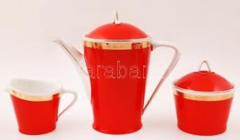 Hollóházi retró porcelán teáskészlet, cukortartóval, csészékkel, kannával, jelzett, kopásnyomokkal