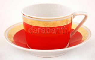 Hollóházi retró porcelán teáskészlet, cukortartóval, csészékkel, kannával, jelzett, kopásnyomokkal