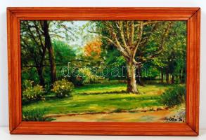 Urbán Sándor (1965-): Parkban. Olaj, farost, jelzett, keretben, 24×38 cm