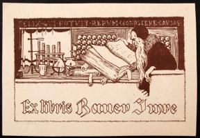 Révész Kornél (1885-1944): Ex libris, Bauer Imre. Klisé, papír, jelzett a klisén, 7×12 cm