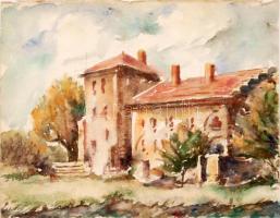 Sostarics Lajos (1896-1968): Schmidt kastély,akvarell, papír, jelzés nélkül, üvegezett keretben, 16x...