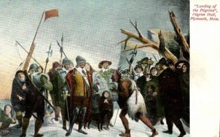 Plymouth, Pilgrim Hall, Massachusetts; motive postcard, 'Landing of the Pilgrims' (kopott sarkak / worn edges)