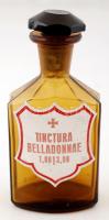 Gyógyszertári üveg, Tinctura Belladonnae,pótolt, lepattant üvegdugóval,  13,5cm