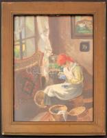 Olvashatatlan jelzéssel: Varrólány. Olaj, karton, üvegezett keretben, 50×40 cm