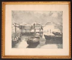 Blahos Rudolf (1917-1986): Balatoni horgászok. Rézkarc, papír, jelzett, üvegezett keretben, 25×38 cm